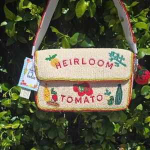 Beaded Cream Shoulder Bag with Heirloom Tomato Embroidery